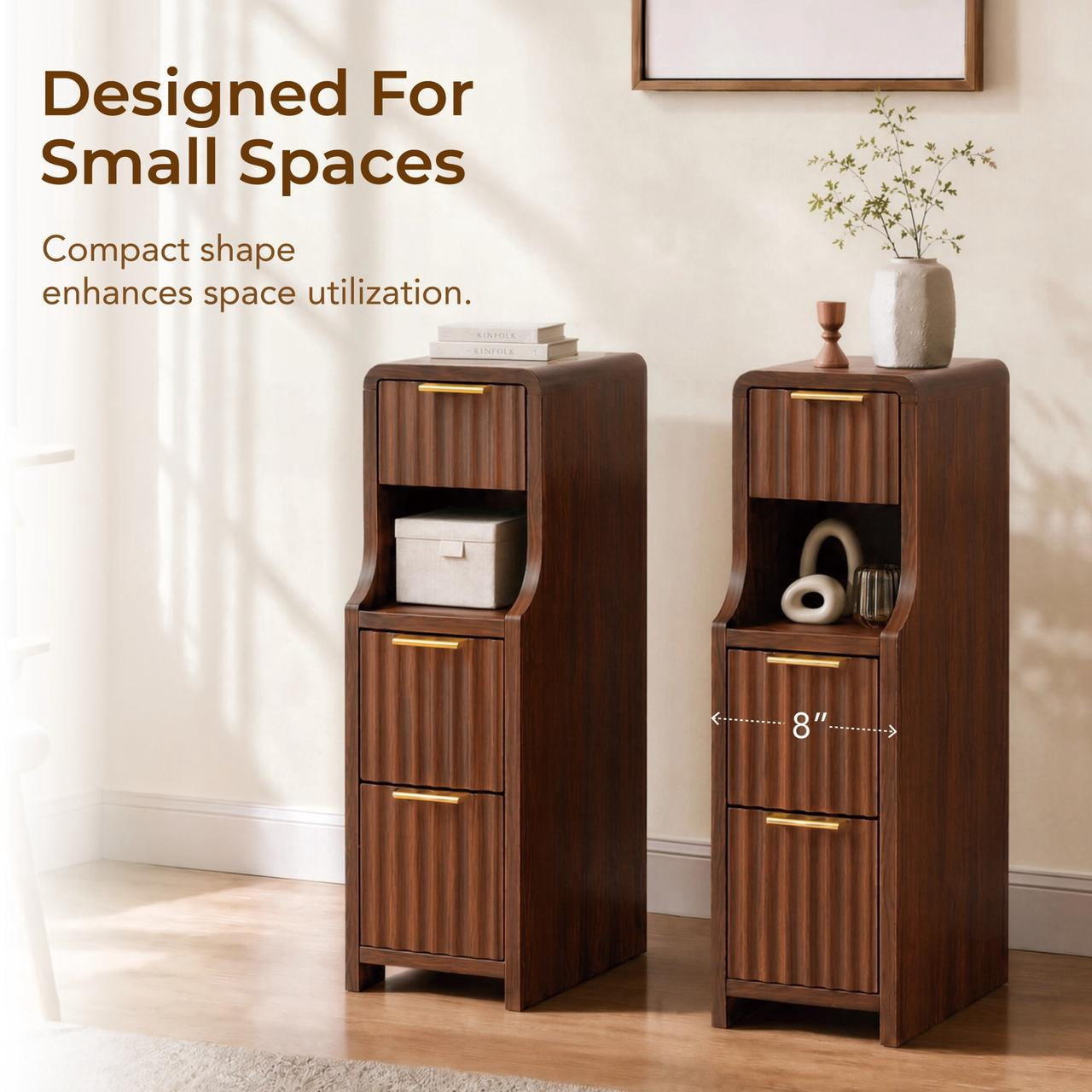 Spruce & Spring Mid-Century Modern Narrow Nightstands Set of 2 with 3 Drawers & Open Shelf for Living Room, End Table for Small Spaces, Walnut