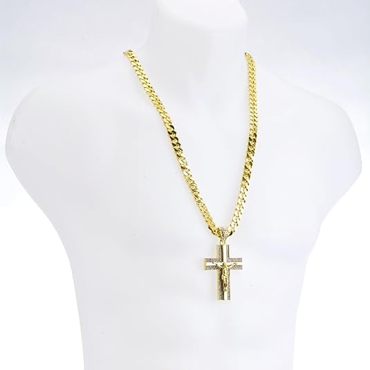 NEW Men's 14K Gold & Silver Plated Iced Cross Jesus Pendant 30" Heavy Cuban Chain Necklace HC 6010 (Gold)