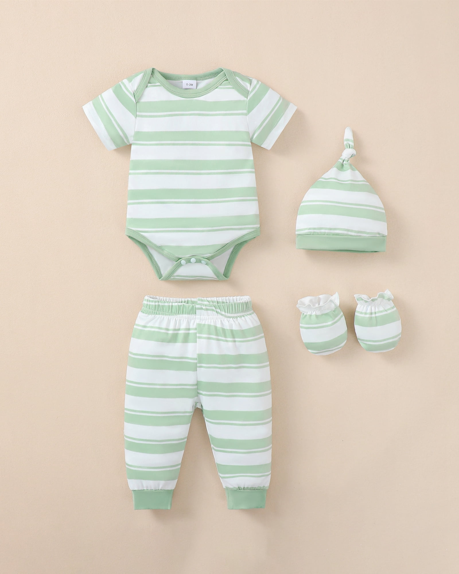 KIMI BEAR Newborn Preemie Baby Boys Layette Set 4 Packs Shower Gift Sets Romper Top Pants Set Short Sleeves Tops Dinosaurs Print Striped Outfits with Bodysuits 15pcs Essential Clothes Green