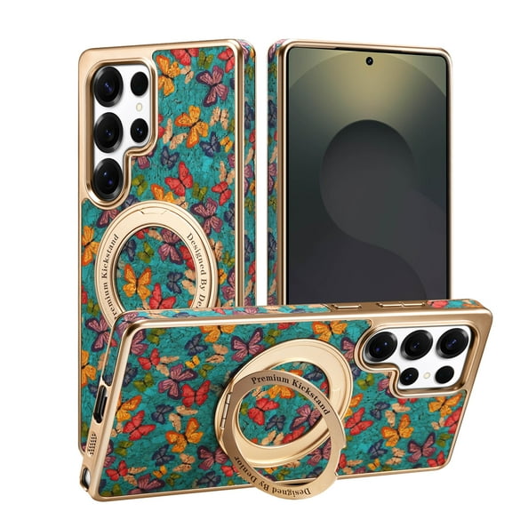 Magnetic Case for Samsung Galaxy S24 Ultra,Compatible with MagSafe Stylish Floral Flowers Aesthetic Slim Fit Thin 360 Rotating Metal Ring Stand PU Leather Plating Protective Case for Women Girls,Blue