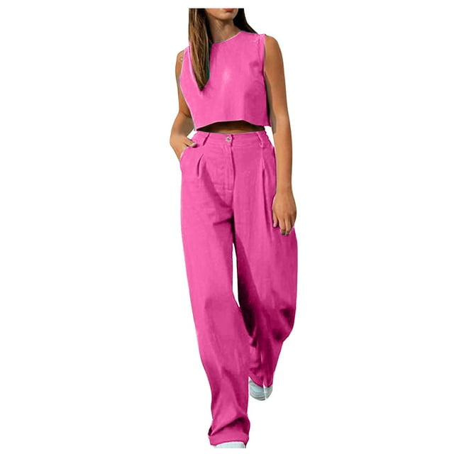 Yuyuzo Ensemble 2 Pcs pour Femmes Débardeur Sans Manches Col Rond et Pantalon Droit avec Poches Ensembles Assortis