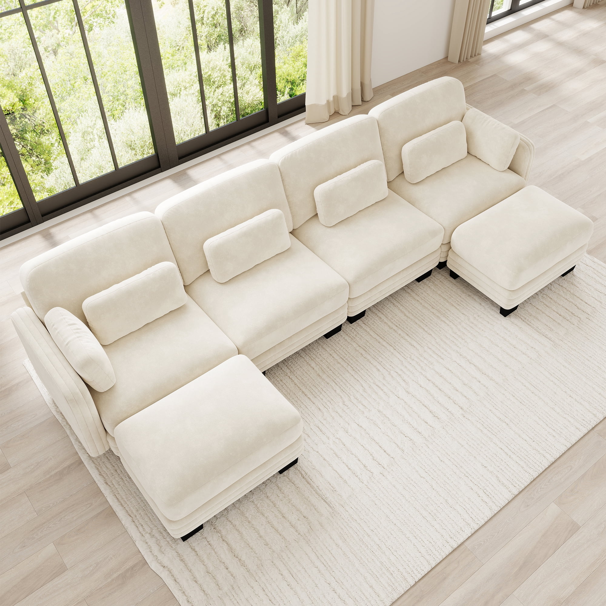 130" U-shaped Tufted Modern Modular Sectional 4 Seater Sofa Couch with 2 Ottomans and 6 Pillows