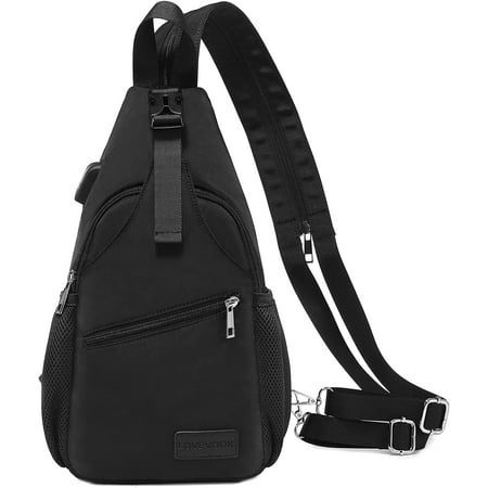 Lovevook Sling Bag for Women, Nylon Casual Daypack Crossbody Sling Backpack with USB Port for Travel Hiking Walking -Black