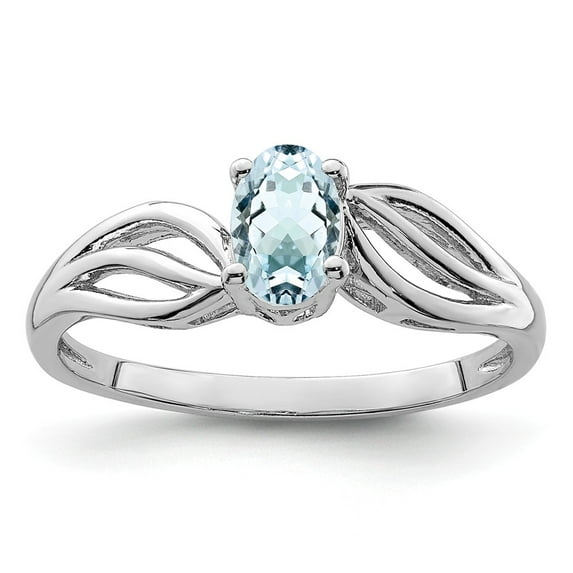 White Sterling Silver Ring Band Gemstone (03) March Aquamarine Oval Blue