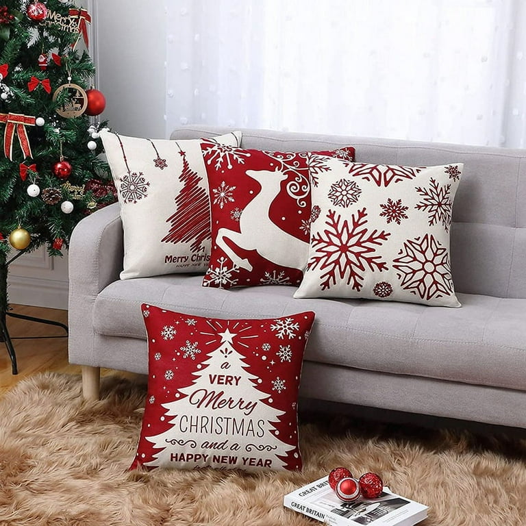 4pcs Red Merry Christmas Pillow Covers, With Snowflake & Christmas Tree  Patterns. Farmhouse Decorations For Winter. 18x18 Inches, Pillow Inserts  Not Included.