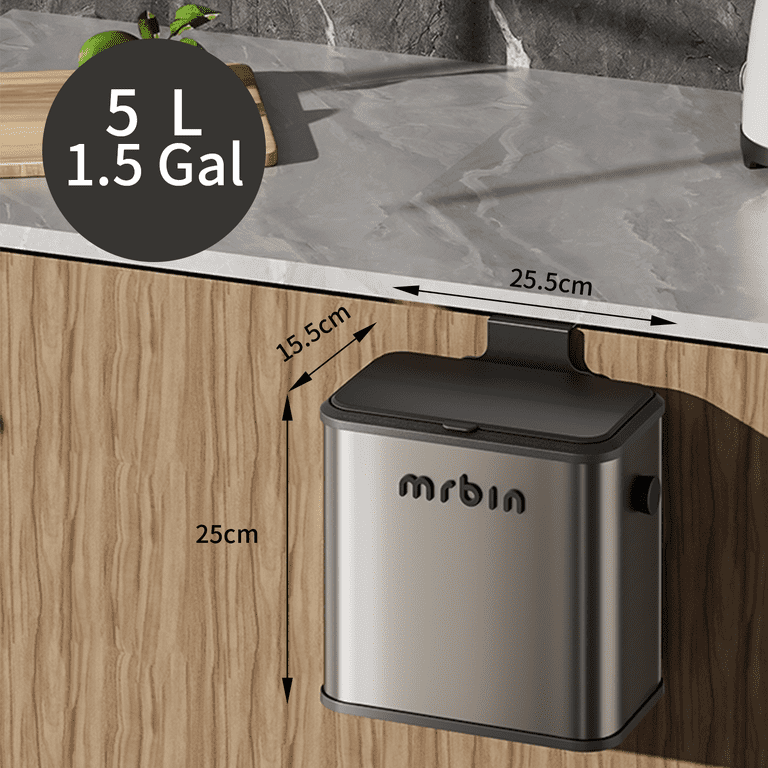MRBIN Slim Stainless Steel Trash Can With Lid - 6L / 1.6Gal, Step Pedal, Inner Bucket, Eclipse Grey