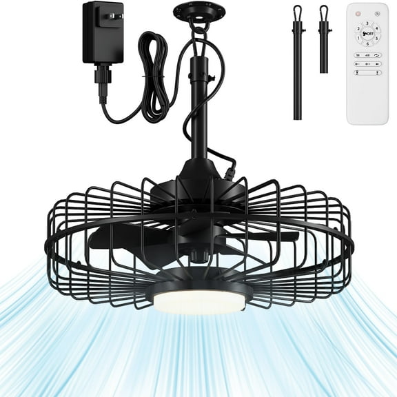 Patiosunny 20" Outdoor Ceiling Fan with Lights,IP65 Waterproof Gazebo Hanging Fan with Remote Control, Plug in Caged Ceiling Fan with 3CCT 6-Speeds for Patio Porch Pergola, Black