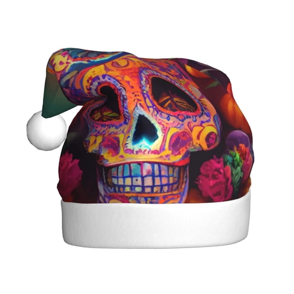 Cauagu Vintage Patterned Skull for Adult Christmas Hat,1-Pack Xmas Holiday Hat Santa Hat for Women & Men Festive Headwear Accessories Fit for Christmas/New Year/Party