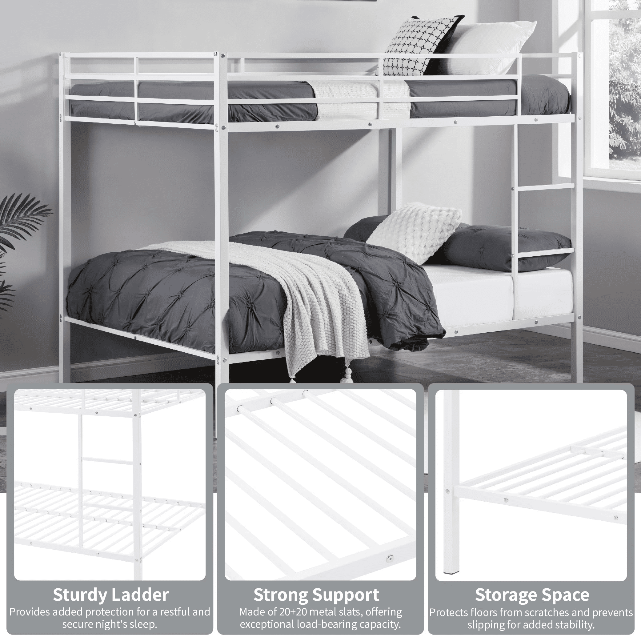 MAYEERTY Full Over Full Bunk Bed, Metal Bunk Bed Frame with Built-in Ladder, for Small Spaces, No Boxspring Required, White