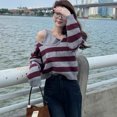 thumbnail image 5 of Autumn Winter New Vintage V-neck Two-piece Set Sweaters Women Fashion Striped Loose Off Shoulder Thick Wool Knitted Pullover, 5 of 5