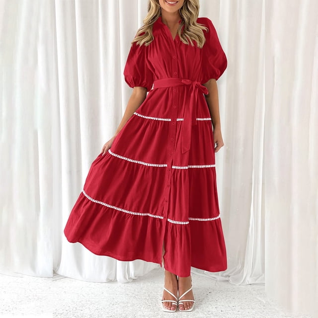 LOVZFMLL Women's Summer Shirt Dress Short Sleeve Tiered Ruffle Flowy Long Maxi Dresses Red M