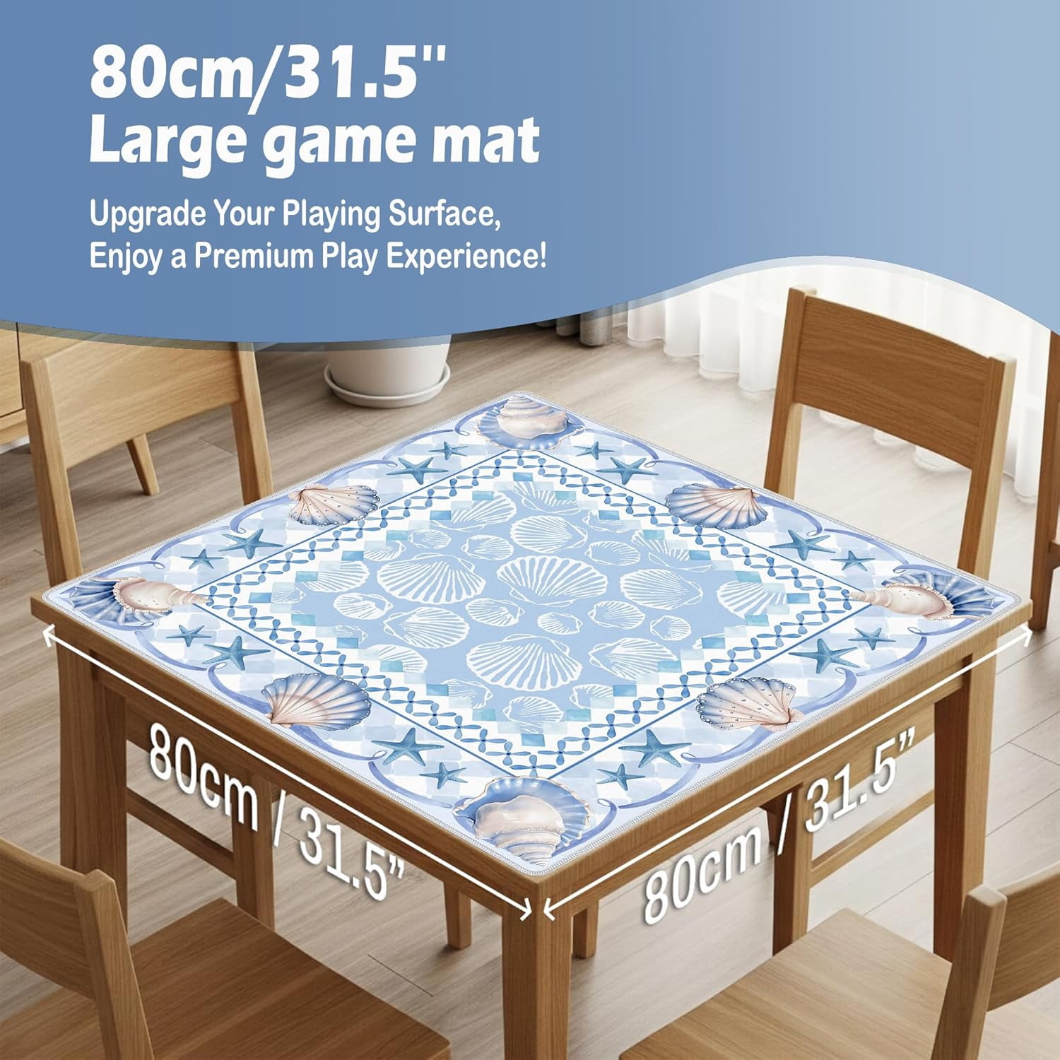 Blue Seashell Starfish Coastal Mahjong Mat 31.5 x 31.5 Inch, Preppy Beach Summer Non-Slip Noise Reduction Mahjong Table Mat for American Mah Jong Poker Card Board Games Dominoes