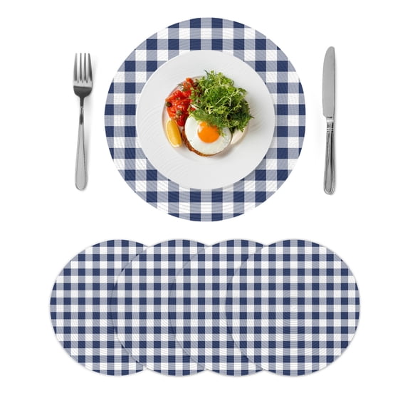 Navy Blue White Plaid Round 13 Inch Placemats Set of 4, Farmhouse Checkered Buffalo HeatResistant Non Slip Place Mats for Dining Table, Wipeable Braided Kitchen Table Mats for Housewarming