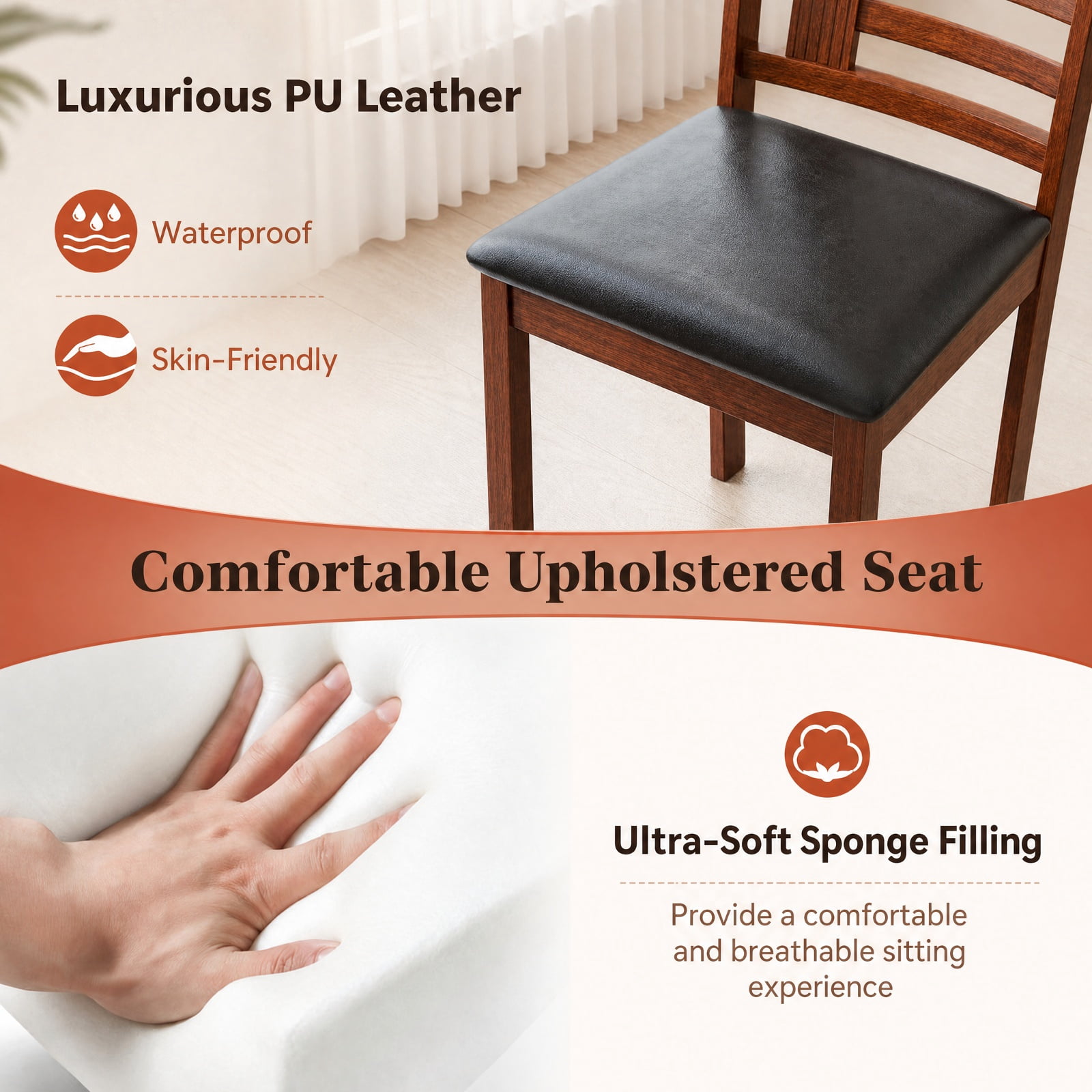 Furnibear Set of 2 Wood Kitchen Chairs with Faux Leather Upholstered Seat and Ergonomic Backrest for Dining Room and Restaurant, Black