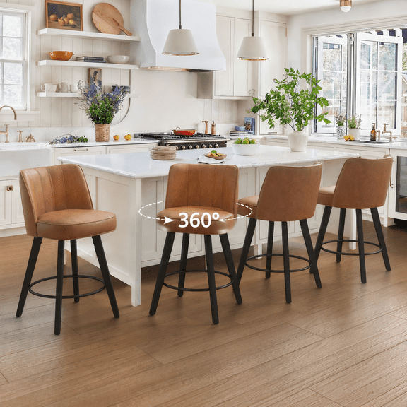 Dycanpo 26" Counter Height Bar Stools with Back Set of 4, Swivel Leather Barstool Upholstery for Kitchen, Brown