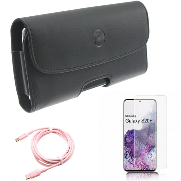 Case Belt Clip w Screen Protector w Pink 10ft Long Cable for Samsung Galaxy S20 Plus - Leather Holster Cover, Tempered Glass [Fingerprint Unlock] 3D Curved Edge, USB-C to Type-C fits Galaxy S20 Plus
