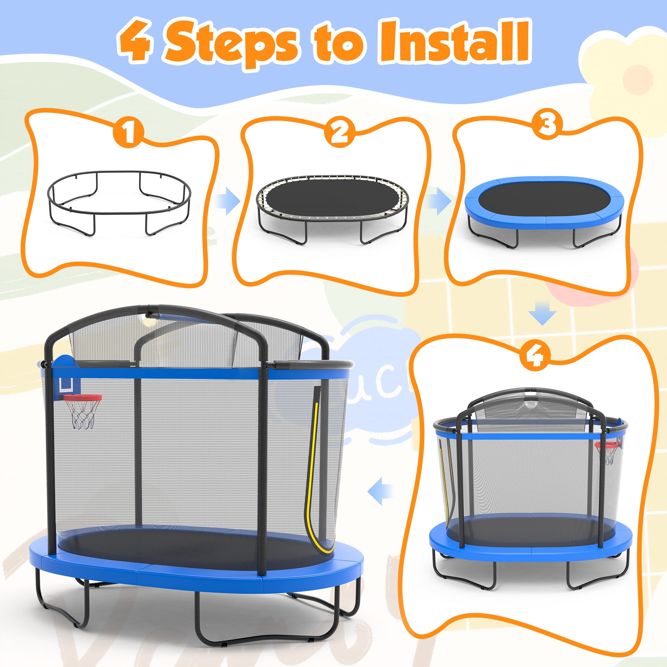 4×6FT Toddler Trampoline for Kids Aged 3+, SHINPT Kids Trampoline with 770lbs Weight Capacity, Mini Trampoline Indoor/Outdoor, Small Trampoline with Adjustable Gymnastics Bar & Basketball Hoop