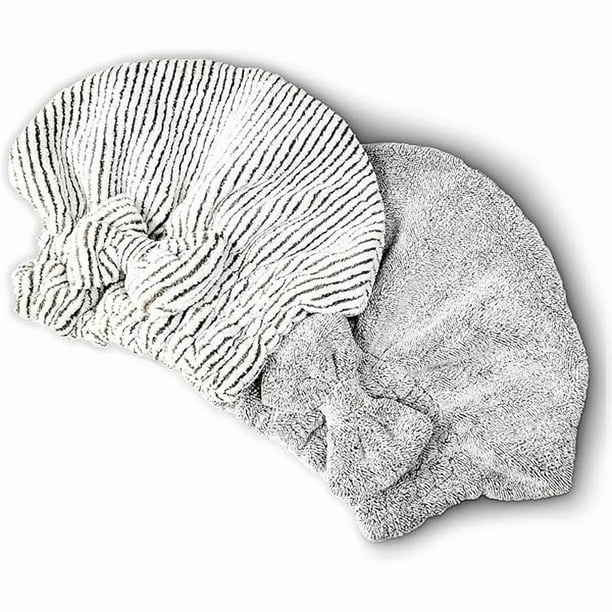wonima11 Microfiber Hair Towel Wrap, Soft Absorbent & Quick Drying Cap Set for Curly Thick Hair, Women & Girls - 2 Pcs (Stripe & Gray)