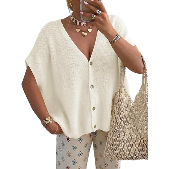 Women Short Sleeve Knitted Button Up V Neck Casual Sweater Top