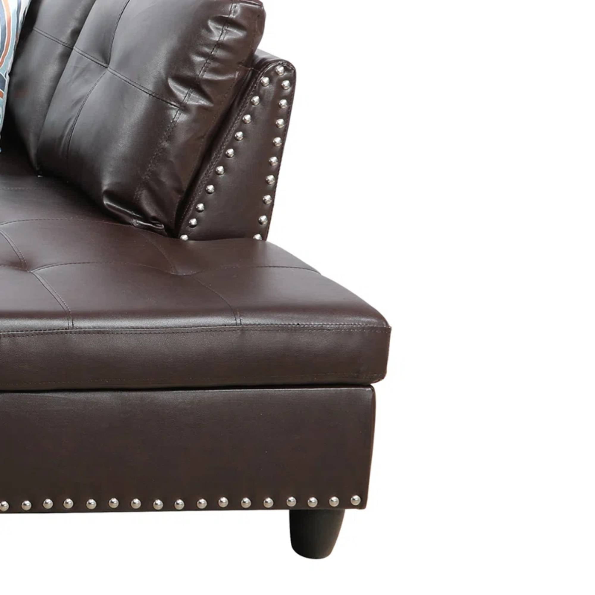 Modern L-Shaped Sectional Sofa Set with Left Chaise & Ottoman - Faux Leather Tufted Modular Couch for Living Room, Brown