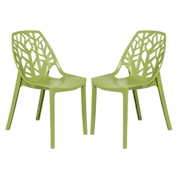 Modern Dining Chairs Set of 2 - Stackable Plastic Chairs, Indoor Outdoor Use, Tree Design Accent Seating
