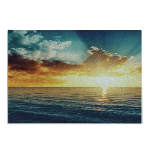 Ocean Cutting Board, Majestic Sunset over the Sea Scenic Idyllic Aquatic View Morning Picture, Decorative Tempered Glass Cutting and Serving Board, Small Size, Turquoise Orange Blue, by Ambesonne