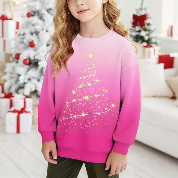 Tdoqot Girls Christmas Sweatshirts- Crewneck Long Sleeve Cute Pullover Kids Festive Shirts Pink Size 4 T