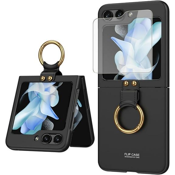 Skin Slim Cover for Samsung Galaxy Z Flip 5 5G Case with Ring Hook Kickstand Flip5 PC Hard Phone Case (Black,Z Flip 5)