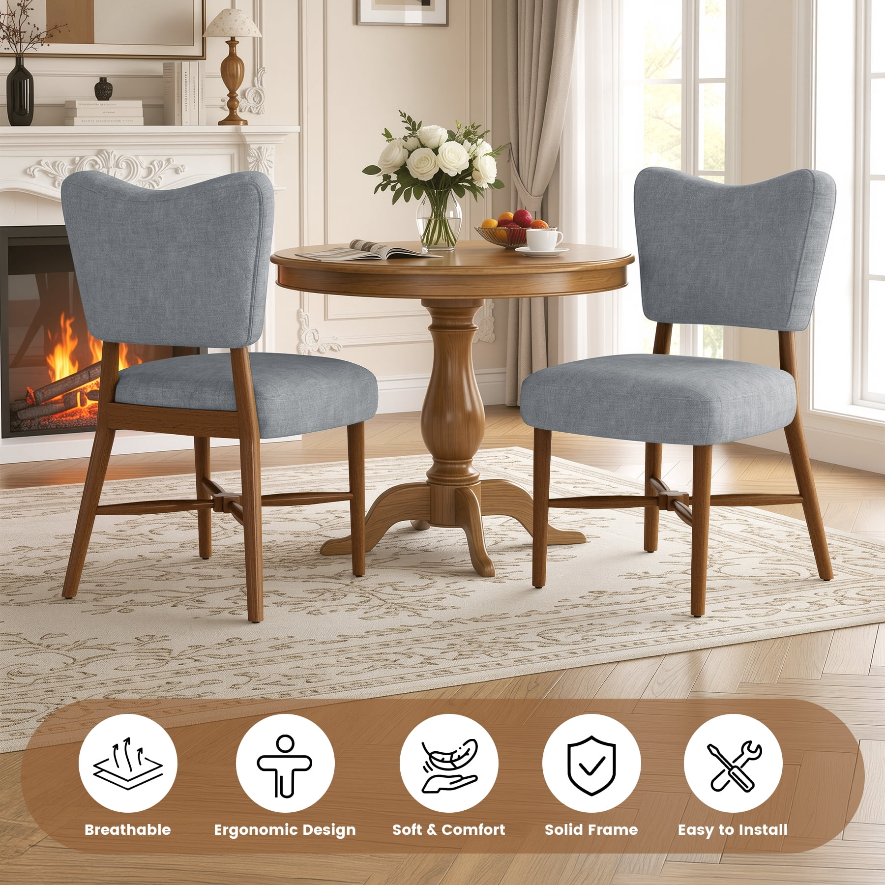 MOONMISS Upholstered Dining Chairs(Set of 2), Modern Farmhouse Accent Chairs with Solid Wood Legs, Fabric Kitchen & Dining Room Chairs,Gray