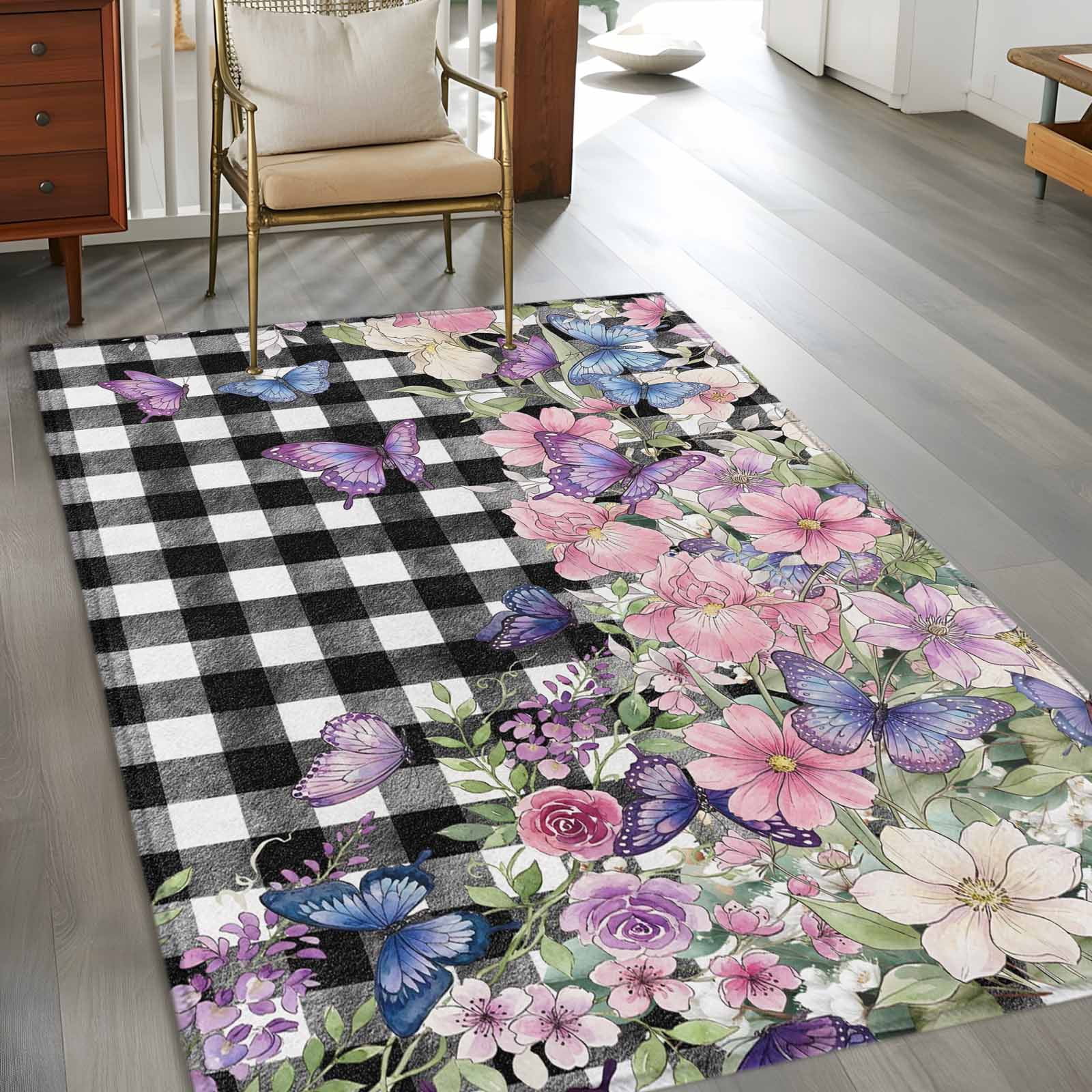 2.7'x5' Area Rugs, Spring Floral Indoor Outdoor Area Rug for Living Room Bedroom, Black White Checkered Farmhouse Butterfly Washable Bathroom Rugs Kitchen Floor Carpet Mats Home Decor Aesthetic