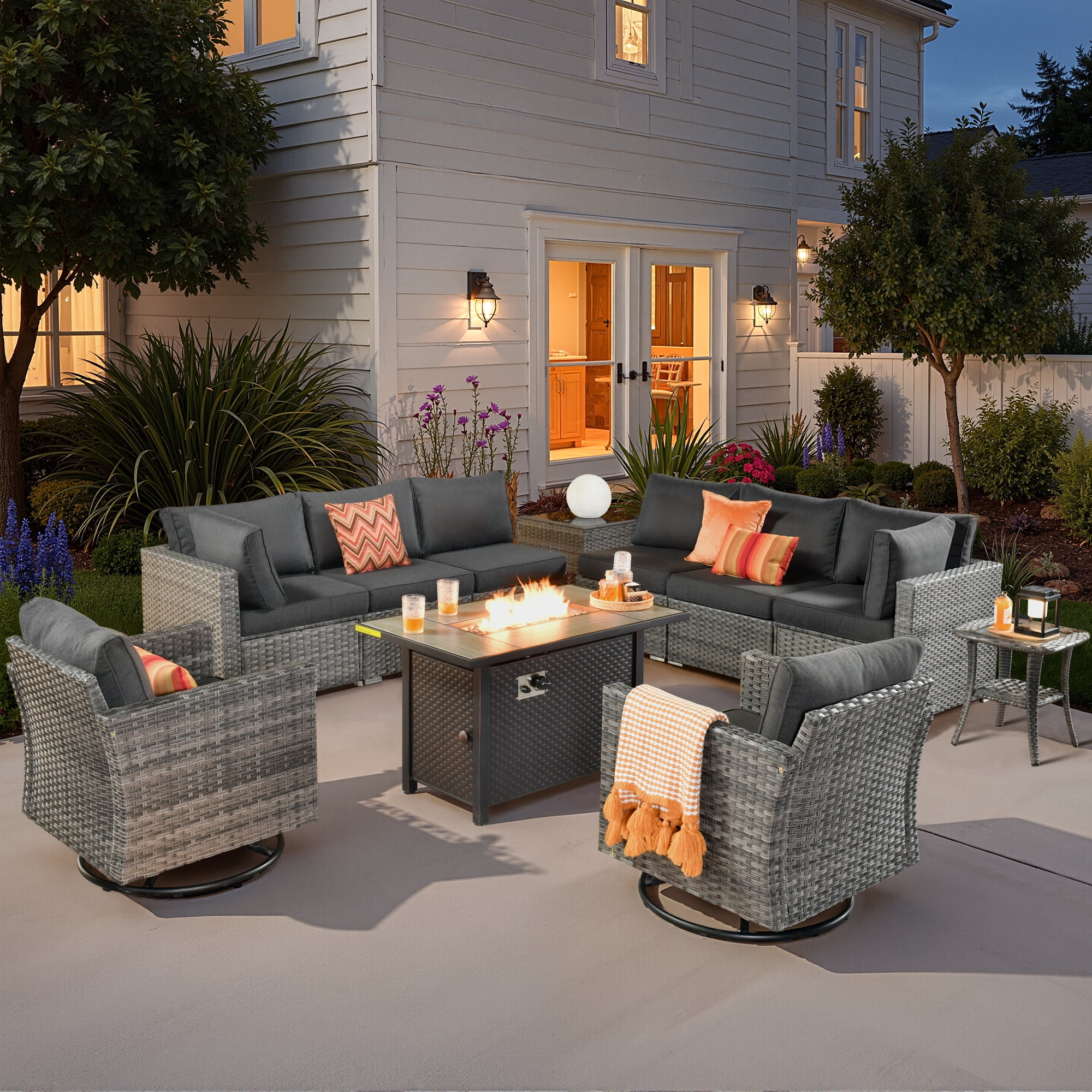 Vcatnet 11 Pieces Outdoor Patio Furniture Sets with Fire Pit Sectional Sofa All Weather Wicker Conversation Set with Swivel Chairs, Black