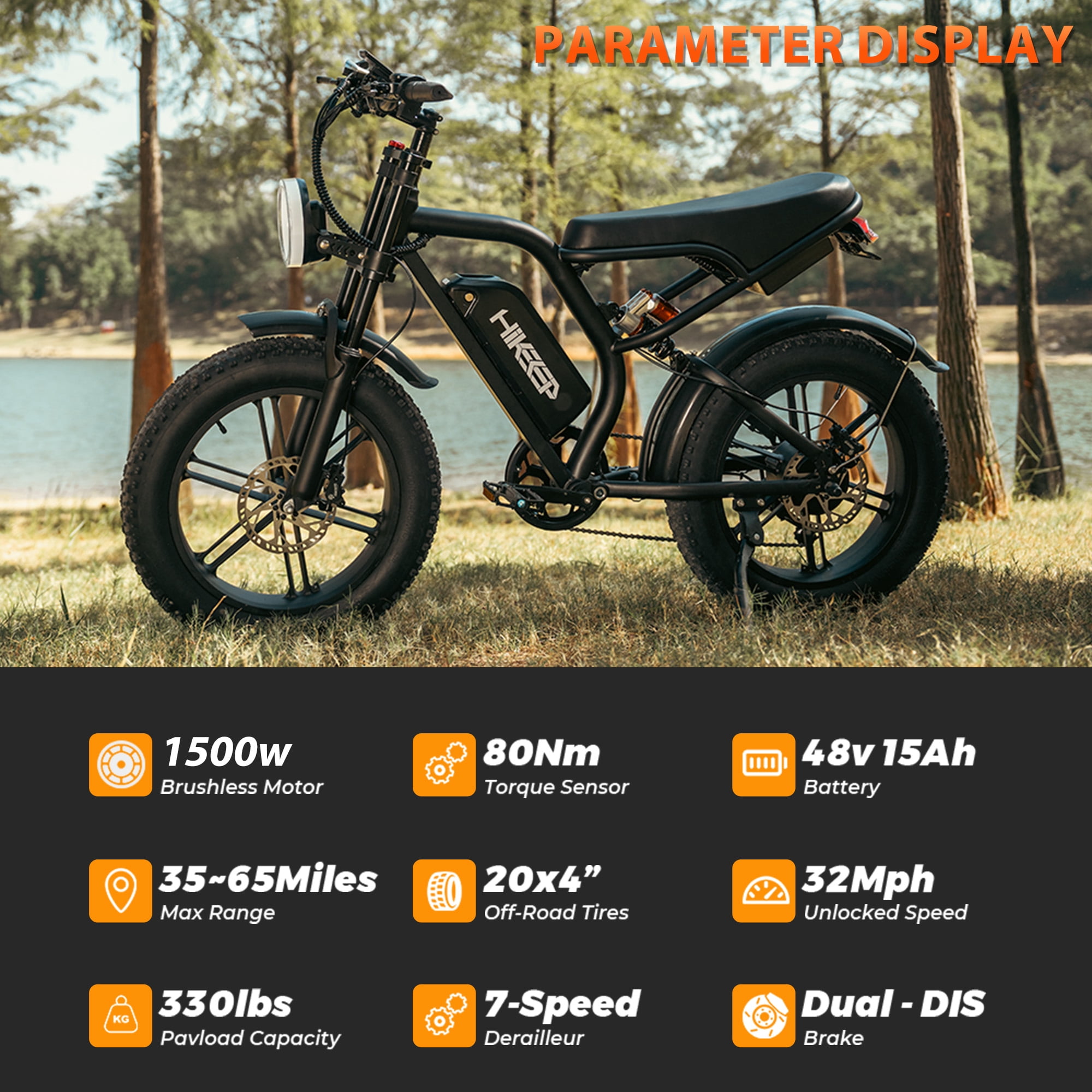 HiKeep 1500W Peak Electric Bike for Adults, 20"x4.0" Fat Tire E-Bike, 48V 15.6Ah Battery, 32MPH, Shimano 7-Speed, E-Mountain Bicycle UL2849