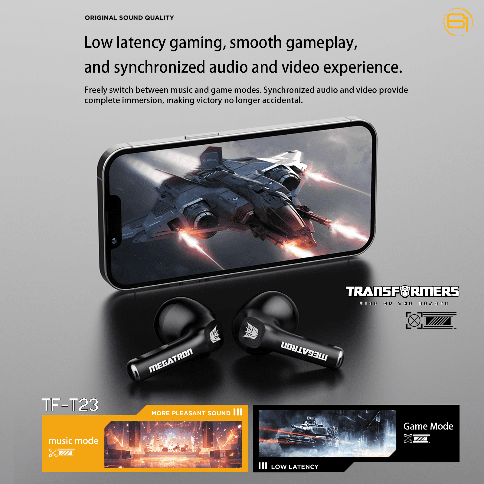 Transformers TF-T23 Wireless Bluetooth Earbuds - Premium Zinc Alloy Case RGB Breathing Lights, Gaming Mode, 13mm Loudspeaker, Deep Bass Sound, Long Battery Life, Type-C Fast Charge – Megatron Black