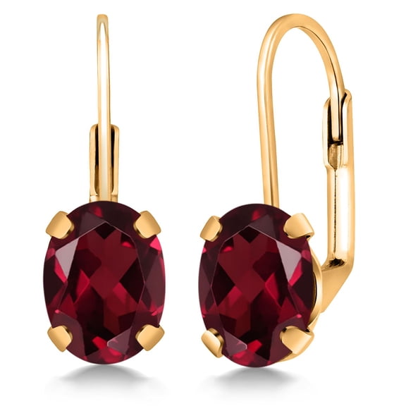 Gem Stone King 1.80 Ct Oval 7x5mm Red Garnet Yellow Gold Plated Leverback Earrings