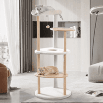 Pefilos 49 Inches Multi-Level Cat Tree Modern Cat Tower Wooden Activity Center with Scratching Posts Cat Tree Tower for Indoor Cats, Beige