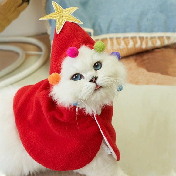 Uuiauoio Christmas Pet Cape with Plush Ornaments and Star Hood, Adjustable Pet Holiday Attire for Christmas Parties, Festive Gatherings, Small Animal Christmas Themed Outfit for Seasonal Celebrations