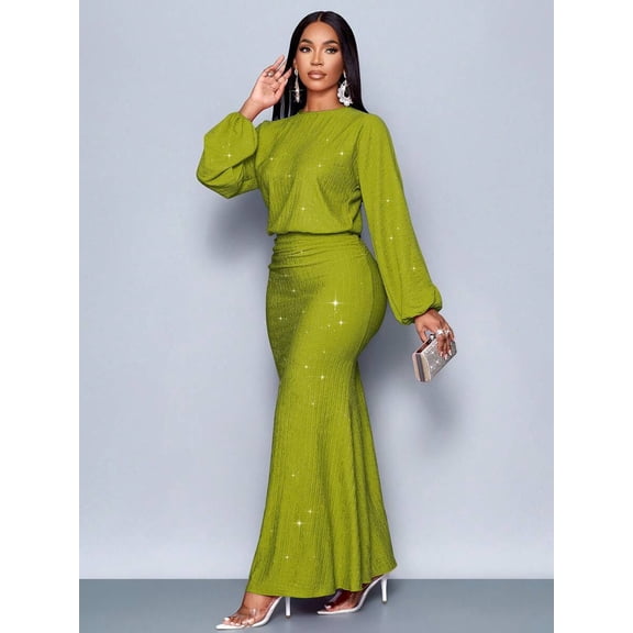 Green Sparkly Mermaid Hem Bodycon Maxi Dress For Evening Party Dating Formal Occasion