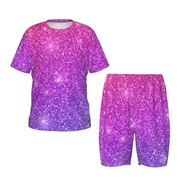 Balery Purple Glitter Conjunto de Pijama Infantil de Manga Corta con Estampado – Ropa de Dormir de Algodón Suave-X-Large