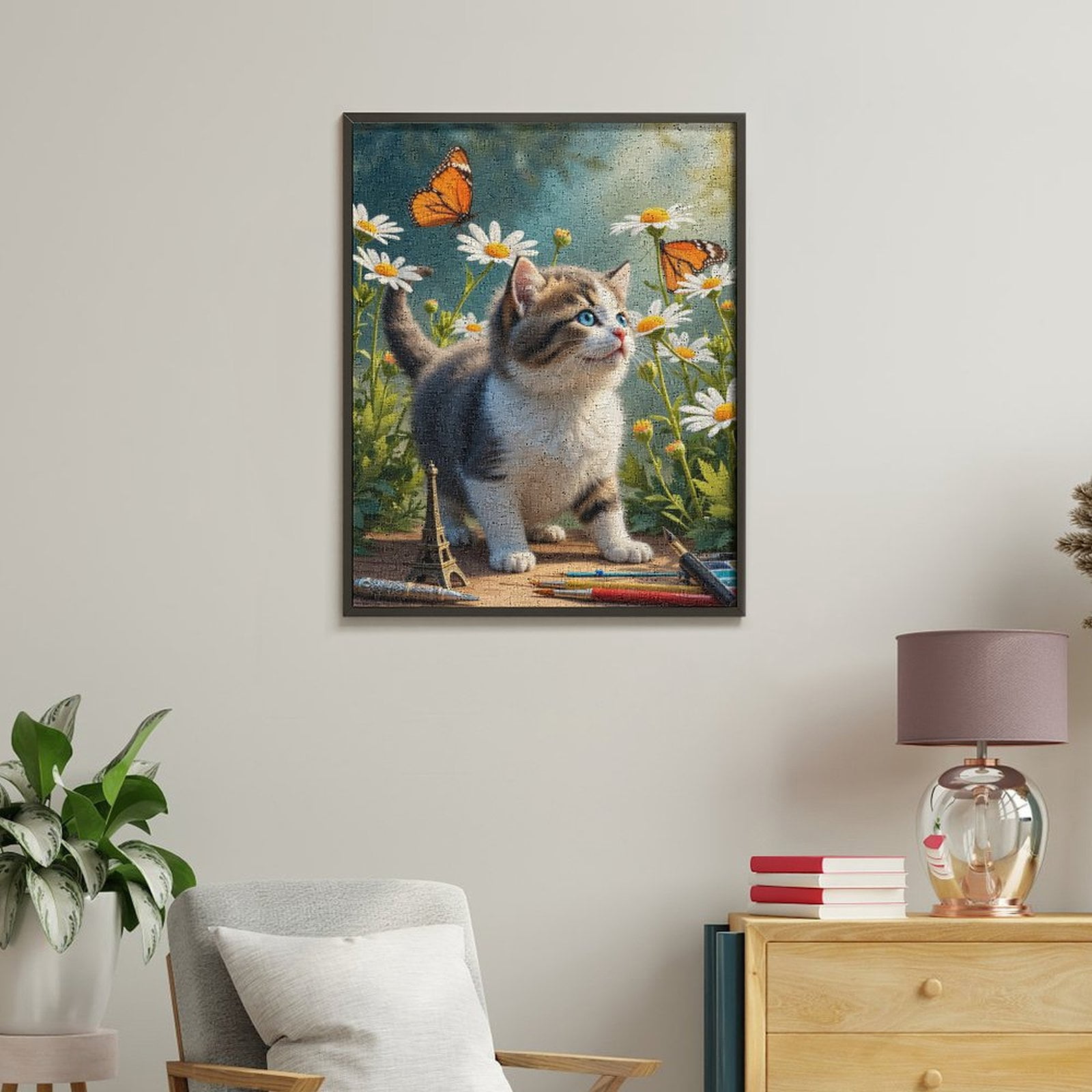 Paint By Numbers Kit for Adults Beginner - Kitten Butterfly Daisies Art Supplies DIY Canvas Painting Kits for Adults, Frameless Paint By Number for Adults for Home Wall Decor 16x20 Inch
