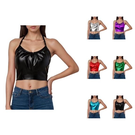 Shiny Metallic Crop Camisole Tops for Women Halter Neck Low Back Sparkly Pu Leather Cami Tank Tops Disco Party Clubwear
