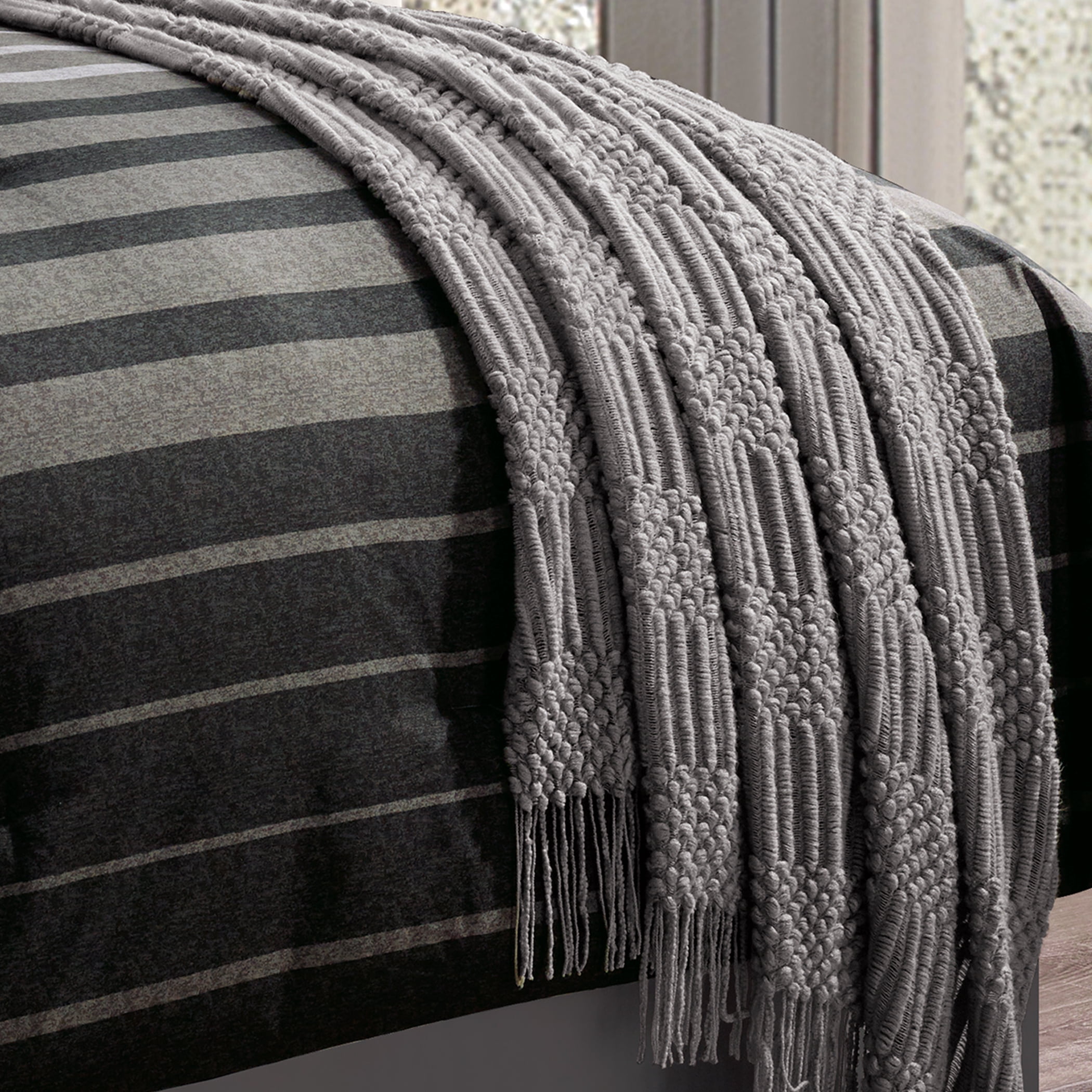Riverbrook Home 10 PC Comforter Set, Queen, Black/Grey, Barkley, Striped, Polyfil Filling, Adult