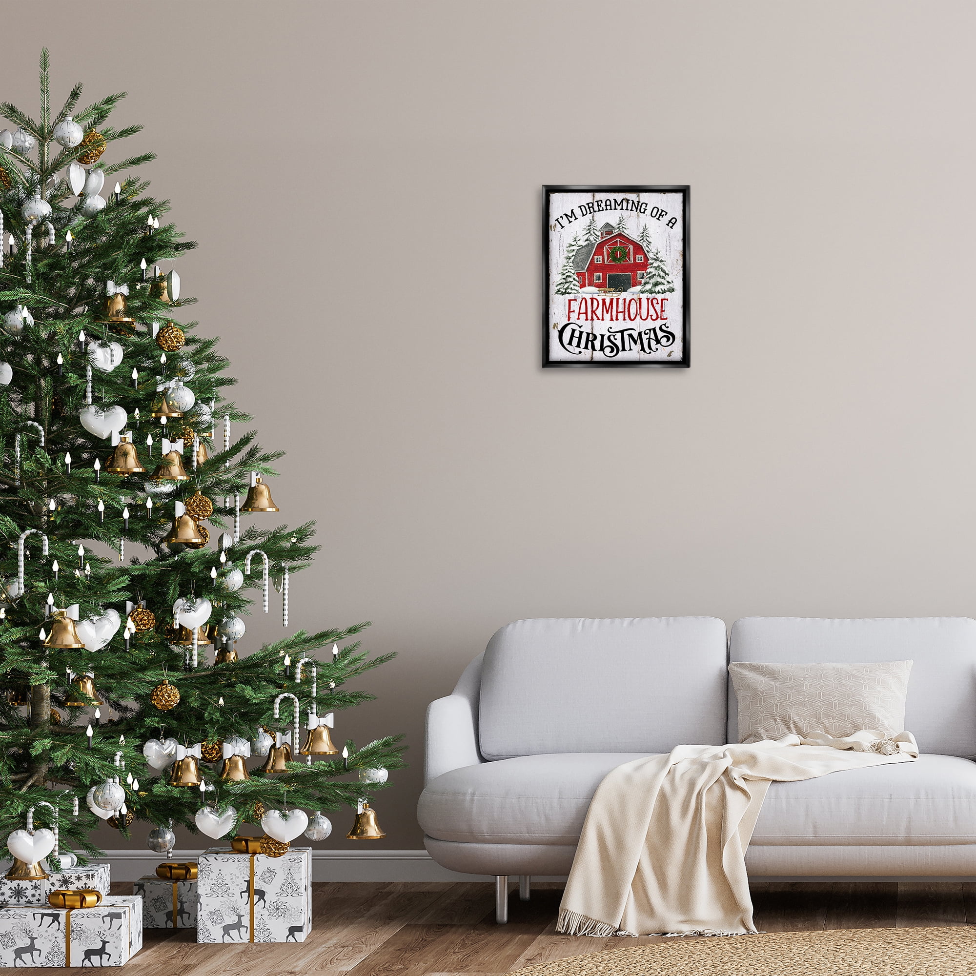 Stupell Industries Farmhouse Christmas Dreaming Holiday Painting Black Floater Framed Canvas Art Prints Wall Art, 17 x 21