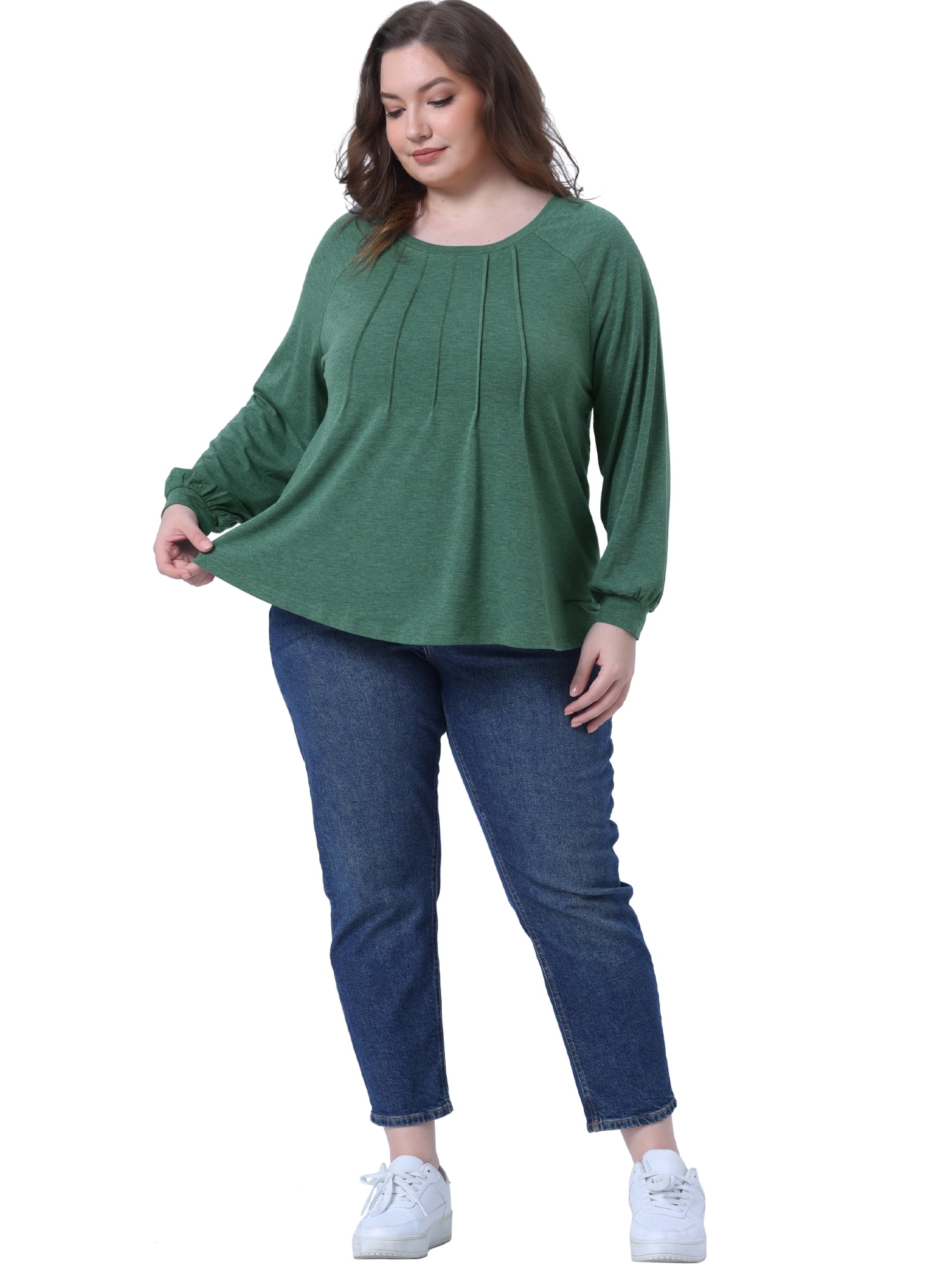 DARING DIVA Women's Plus Tunic Crew Neck Pleated Casual Blouse 1X Green