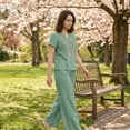 thumbnail image 5 of WULMLEO Women Floral Embroidery Notch Neck Sets Short Sleeve Linen Blend Top Wide Leg Cropped Pants 2 Piece Summer Casual Outfits Light Green 3XL, 5 of 7