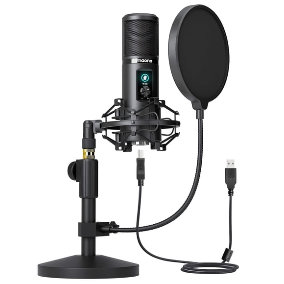 USB Computer Microphone with One-Touch Mute, Gain Knob, Shock Mount, Condenser Recording Mic for PC, Gaming, Streaming, Podcasts
