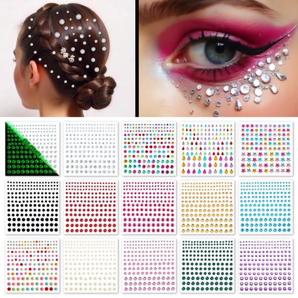 FACEGEM LONDON 15 hojas de gemas para la cara, diamantes de imitación, autoadhesivos, diamantes de imitación para ojos, cara, cuerpo, uñas, cara, purpurina, gemas para uñas, diamantes de imitación, jo