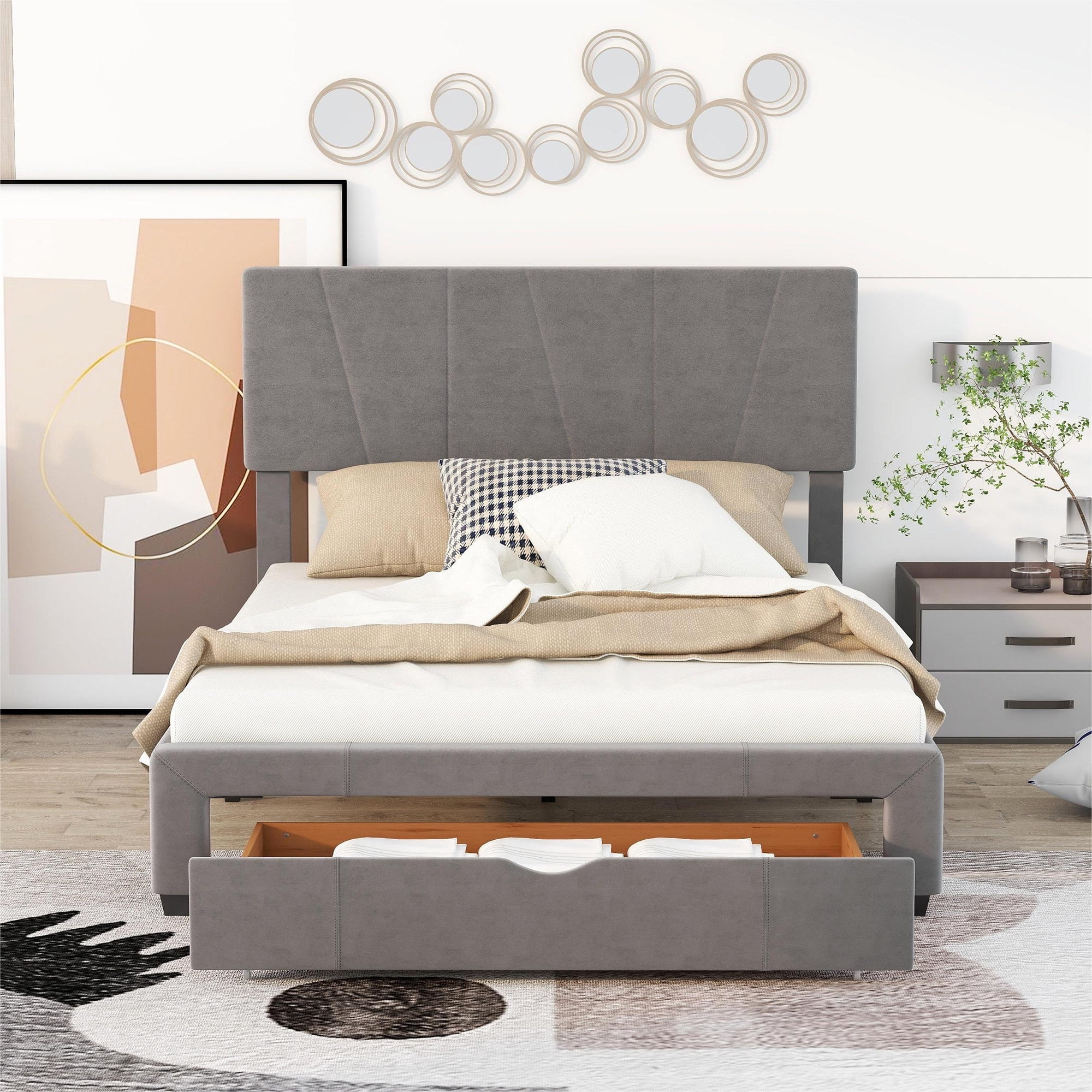SYNGAR Queen Size Fully Velvet Upholstered Platform Bed Frame with