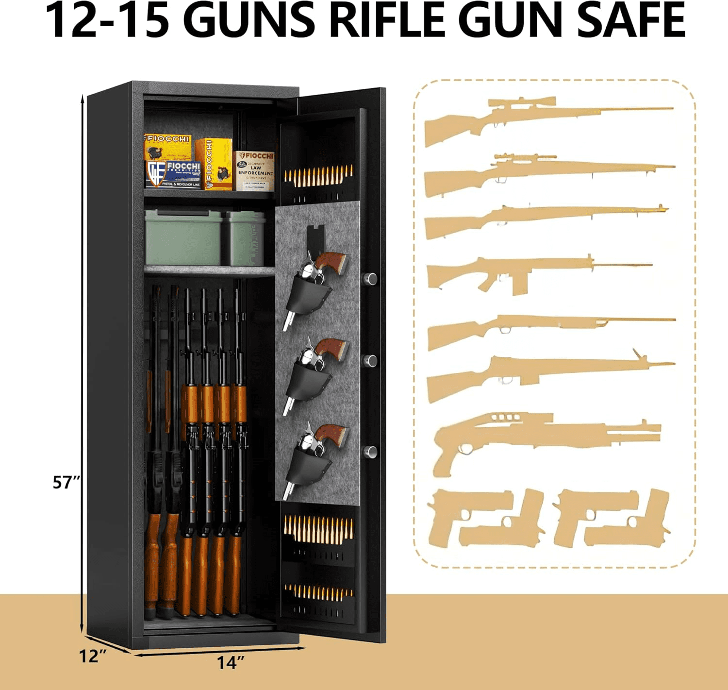 Fireproof Gun Safe,14-16 Black Gun Safe With Biometric Gun Safes,Large Rifle Safe for Home for Rifles and Pistols,Gun Cabinet with Adjustable Shelves,No Assembly Required