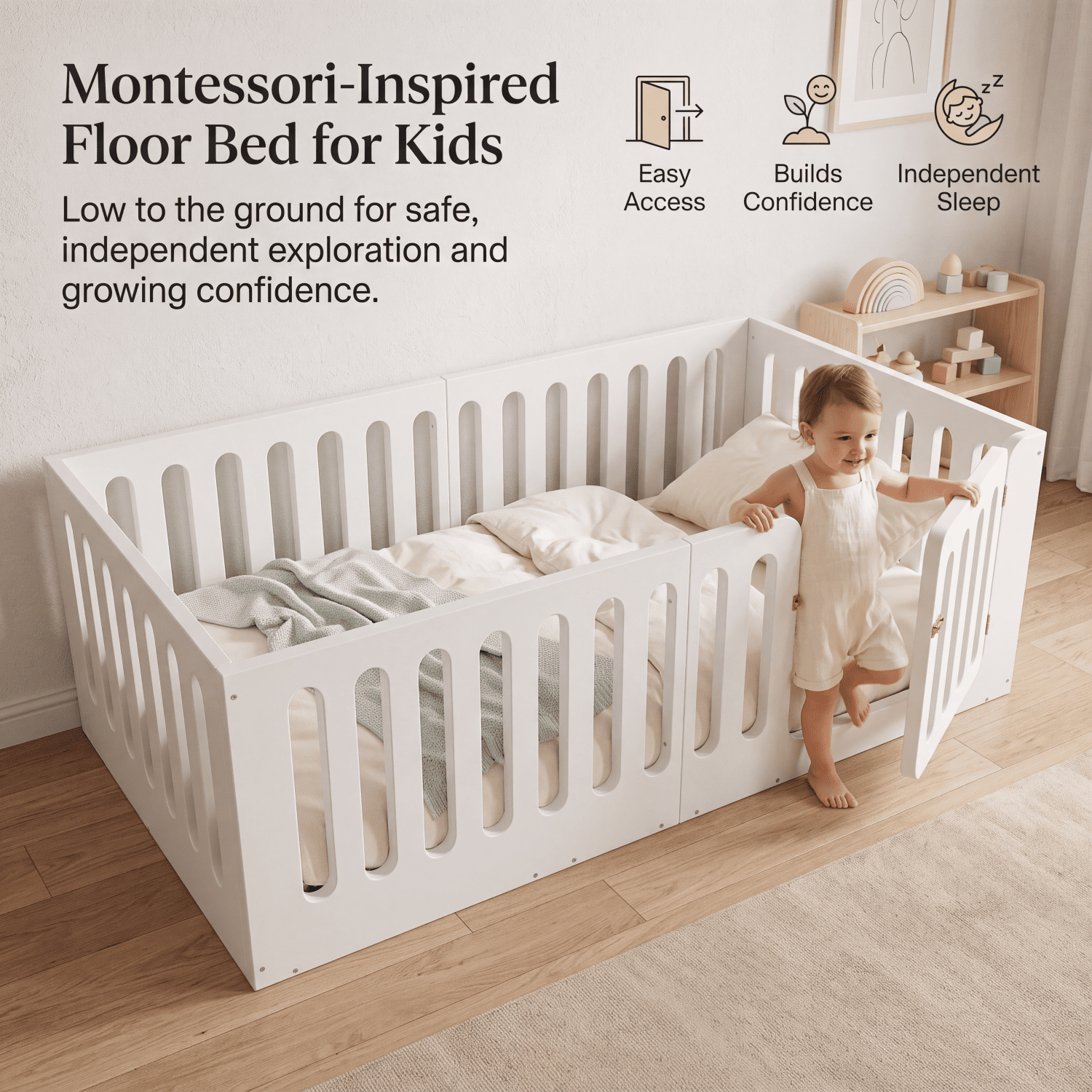 Miniyam Twin Floor Bed for Kids with Door and Guardrails, Low-Profile Wood Bed Frame, White