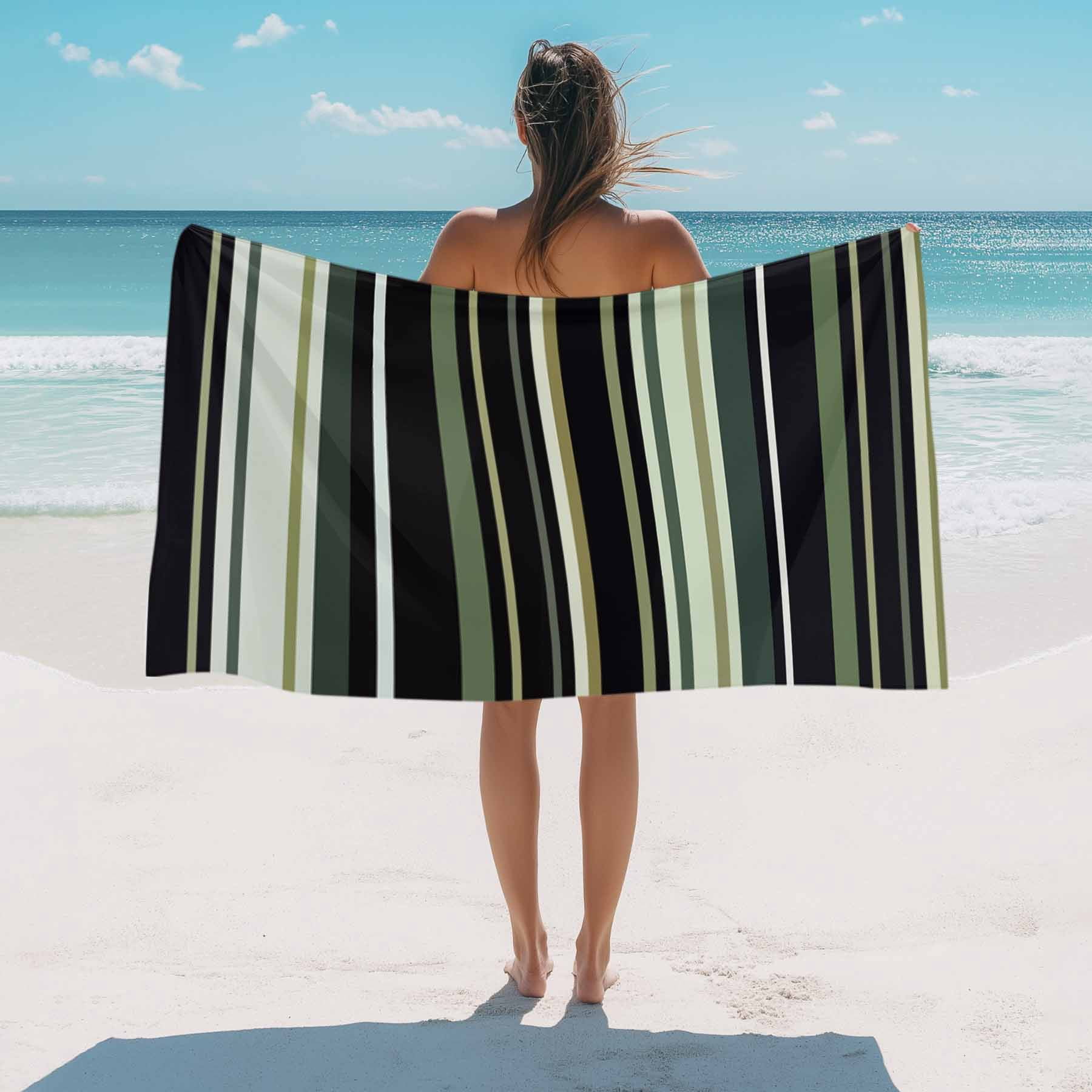 Green Black Retro Stripe Beach Towels Blanket Soft&Absorbent Quick Dry Microfiber Minimalist Geometric Pattern Pool Towels for Swimming ,Yoga, Sports, Gym, Camping,Large 30X60in,
